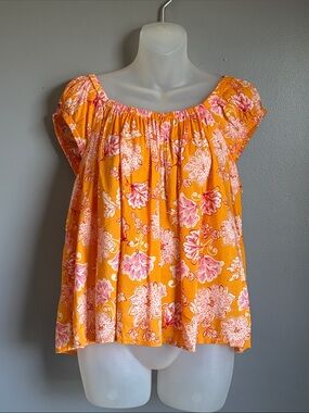 Old Navy orange & pink floral peasant blouse sz LG